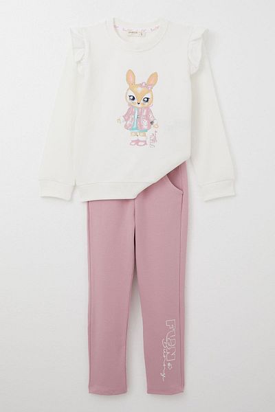 Breeze 3-8 Years Old Girl's Tracksuit Set - Cute Bunny Print, Ecru