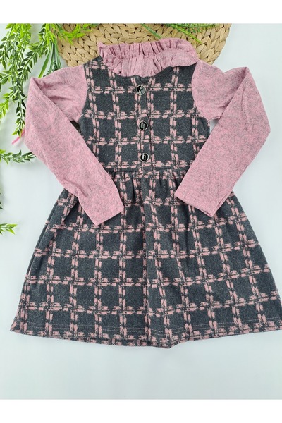 Butik Kız Çocuk Kışlık Elbise 3 Farklı Desen Ayıcık Düğme Ve Fiyonk Detaylı