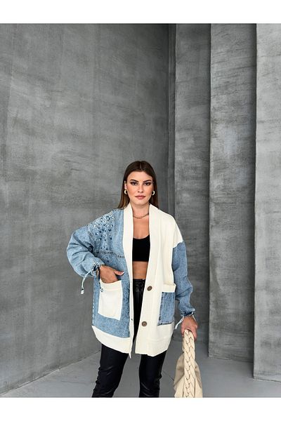 SOLİS MODA Γυναικείο τζιν μπουφάν με πλεκτά γαρνιτούρα