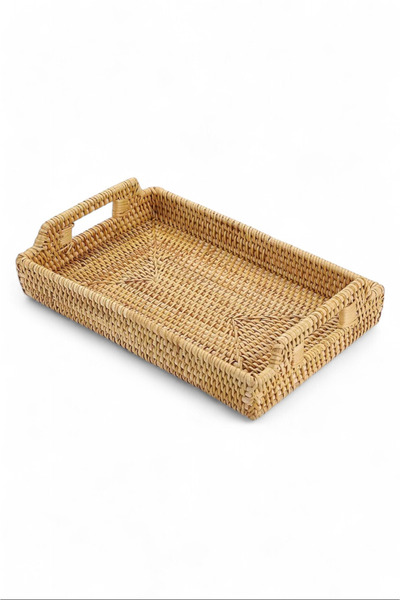 oceanpoint Doğal Rattan Dikdörtgen Tepsi El Yapımı Kulplu Servis Tepsisi Kahv...