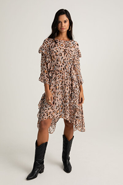 boneqa barcelona Fırfır Detaylı Leopar Desenli Elbise