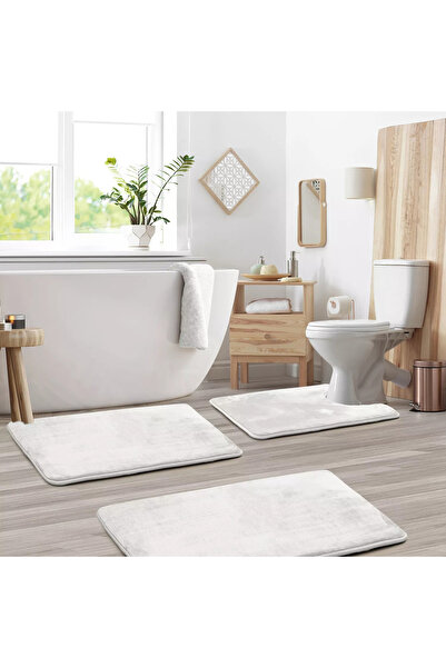 LİNOS HOME Σετ 3 χαλάκια μπάνιου Τουαλέτα Μπροστινή Λούτρινη Μαλακή Λευκή Πλένεται (50x80-40x60-40x50)
