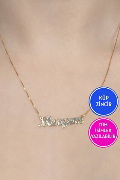 Jewelmim Küp Zincir Gümüş İsim Yazılı 18 Ayar Sarı Altın Kaplama 925 Ayar Kad...