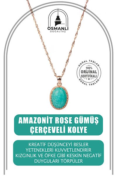 OSMANLI DOĞAL TAŞ Amazonite Natural Stone Rose Silver Framed Necklace