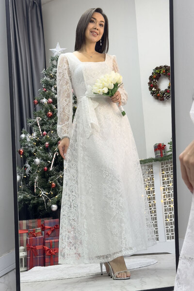 zks grup tekstil Γυναικείο φόρεμα με δαντέλα με τετράγωνο γιακά, μίντι, μαύρο, πράσινο, μπεζ, λευκό