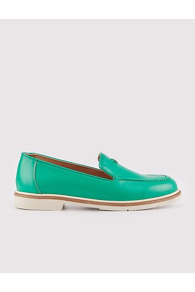 Cabani Polyurethane Sole Genuine Leather Green Women's Loafer Shoes
