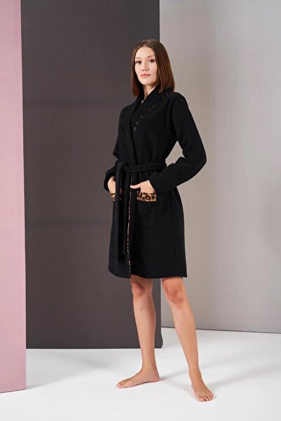 PJS 26007 Kadın Polar Leopar Desenli Kuşaklı Sabahlık