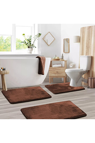 LİNOS HOME Σετ 3 καφέ πατάκια μπάνιου - βελούδινο μαλακό, πλενόμενο μπροστινό κάθισμα τουαλέτας (50x80-40x60-40x50)