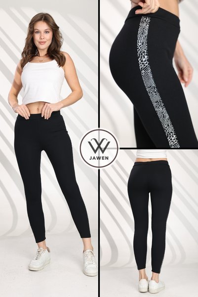 JAWEN Ultra Stretchy Inner Raised Winter Leggings Keep Warm Comfort Model Black Combed Cotton Leggings with Recovery Stripe