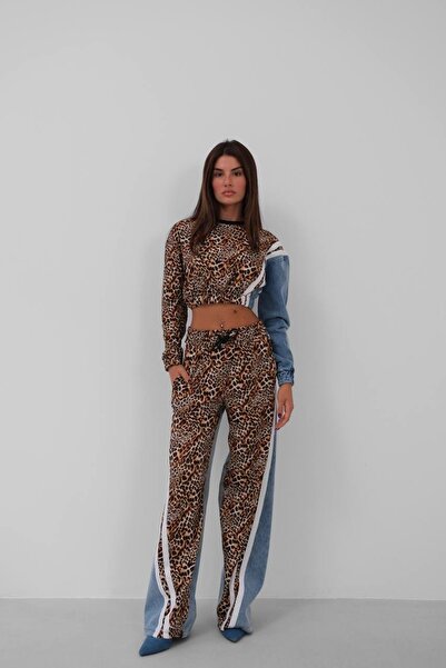 Genel Markalar Leopar Garnili Denim Eşofman Takımı