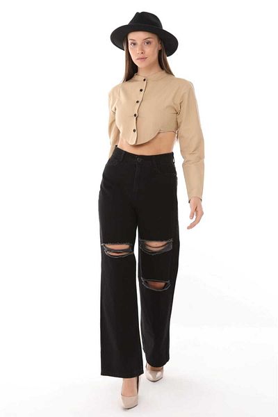SHEVEGA Women's Black Double Knee Laser Ripped High Waist Loose Leg Jeans Pants
