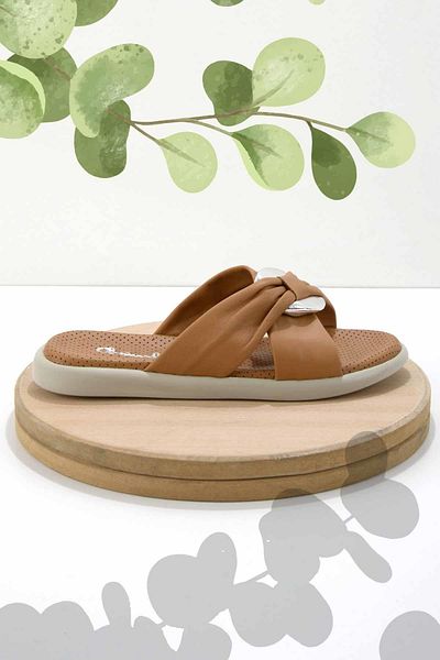Bambi Γυναικείες παντόφλες Tan Γνήσιο Δέρμα Κ 04808090403