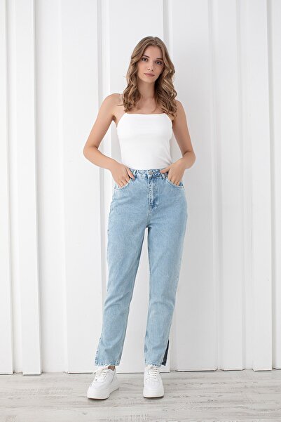 SHUBBAGS Kadın Yüksek Bel Paçası Yırtmaçlı Açık Mavi Mom Kot Pantolon