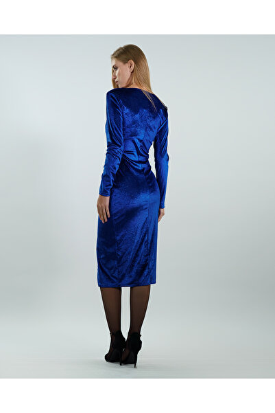 maf collection Saks simli kadife kumaş kruvaze yaka abiye elbise