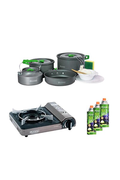 Orcamp Tekli Portatif Ocak Gri 3 Adet Kartuş Kts-227 4 Parça Tencere Seti Orc...