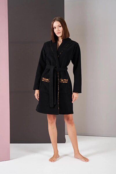 PJS 26007 Kadın Polar Leopar Desenli Kuşaklı Sabahlık