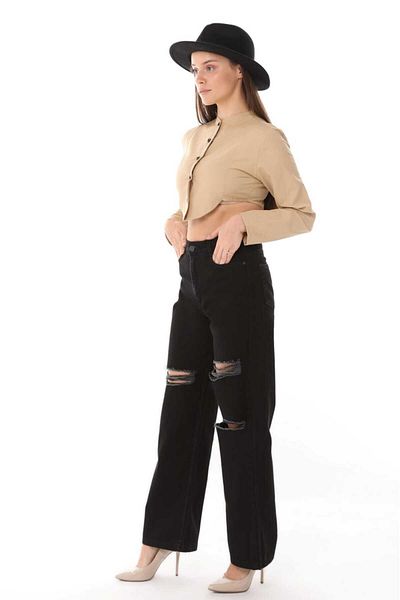 SHEVEGA Women's Black Double Knee Laser Ripped High Waist Loose Leg Jeans Pants