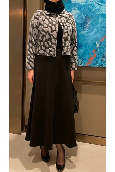 Triko Gri Leopar Desenli Triko Hırka Ceket