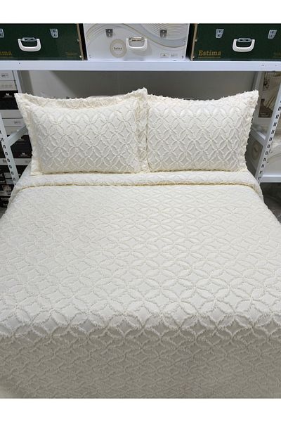ESTİMA Aslan Tekstil Oya Cream Double Pompom Mattress Set - 250X260 2 Pillows 50X80