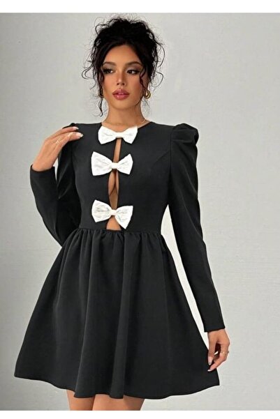 Femella Women Fashion Kadın Dalgıç Kumaş Fiyonk Detaylı Uzun Kollu Mini Boy Siyah Yılbaşı Elbise