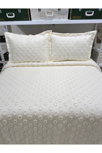 ESTİMA Aslan Tekstil Damla Cream Double Pompom Bedspread with Box