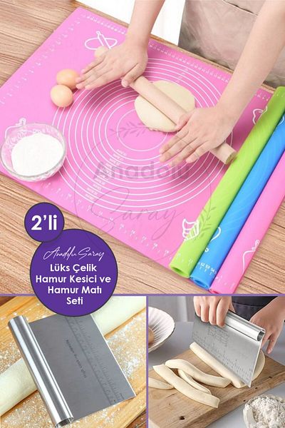 Anadolu Saray Set of 2 Luxury Steel Dough Cutting Apparatus Steel Cutter and Multi-Purpose Measured Silicone Dough Rolling Mat