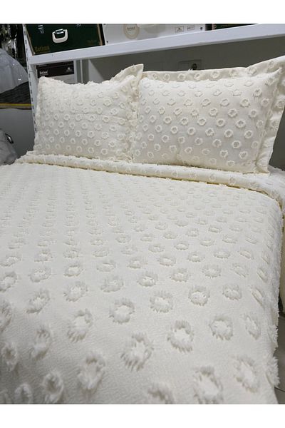 ESTİMA Aslan Tekstil Damla Cream Double Pompom Bedspread with Box
