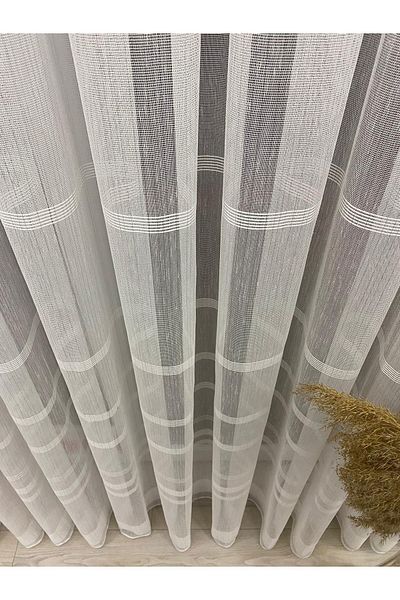 İNCİLİFE Ecru Colored Basement Horizontal - Striped and Glittered 1/3 Pleated Tulle Curtain