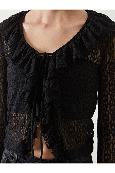 LC Waikiki Black V-Neck Lace Women's Blouse