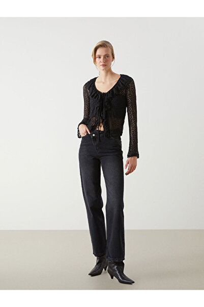 LC Waikiki Black V-Neck Lace Women's Blouse