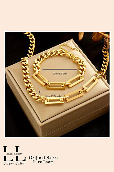 Luxe Loom Zarafetin Işıltısı Kadın Gold Kararmayan Çelik Dikdörtgen Geçmeli Kolye Bileklik Seti 001
