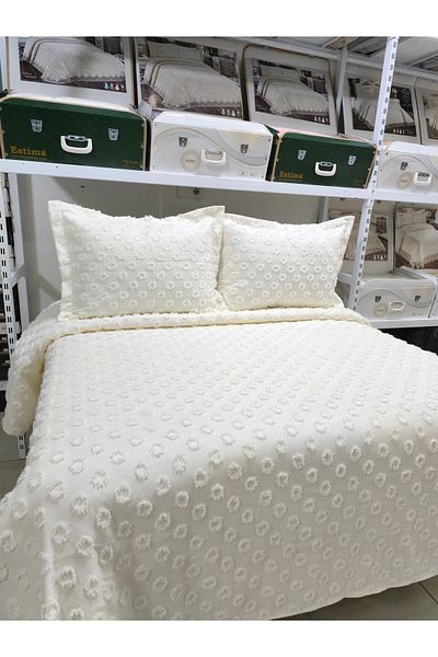 ESTİMA Aslan Tekstil Damla Cream Double Pompom Bedspread 250X260 2 Pillows 50X80