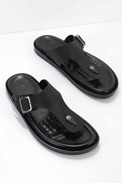 Bambi Black Genuine Leather Men's Slippers E04801000503