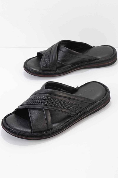 Bambi Black Knitted Genuine Leather Men's Slippers E04804017303