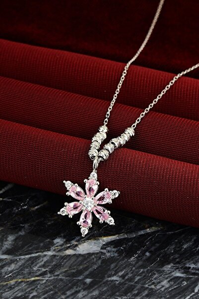 KAR DİAMOND 925 Ayar Gümüş Zincirli Dorika Toplu Pembe Taşlı Lotus Kamelya Çi...