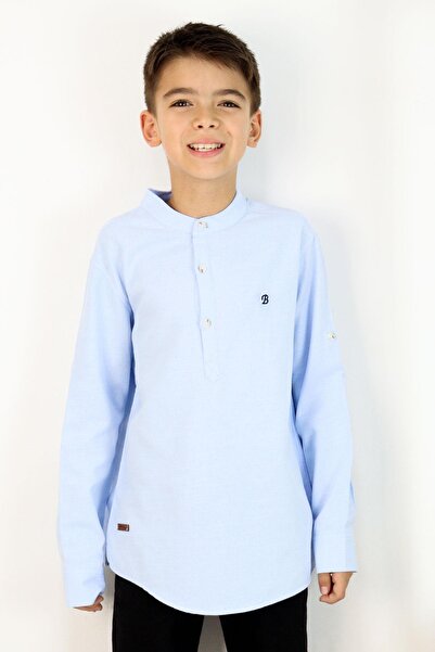 Breeze Boy's Shirt with Letter Embroidery, Half Buttoned, Light Blue