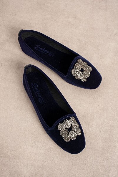 FUGA MODA Μπαλαρίνες Raven Navy Blue με τετράγωνη πέτρα με λεπτομέρεια κεντήματος