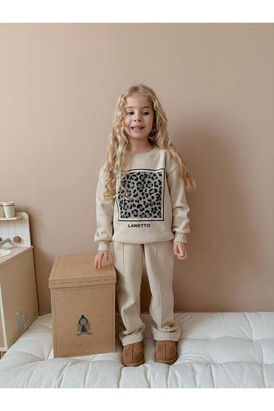 SACRO KİDS Laretto Printed Girls' Winter Tracksuit Set - 3 Thread Raster Sweatshirt