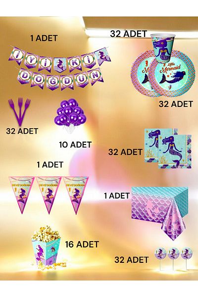 VibeHome Ultra-Luxury Set with Mermaid Theme for 32 - Birthday Party and Fun Events