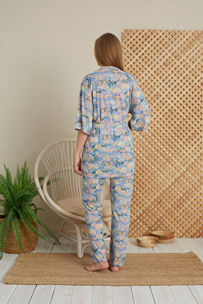 Berel Giyim Mavi Renkli Pudra Çiçek Baskılı 3 lü Sabahlıklı Pijama Takımı