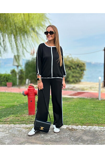 Modayakamoz Women's Crew Neck Poor Sleeve Piping Detail Blouse and High Waist Elastic Trousers Double Jewelry