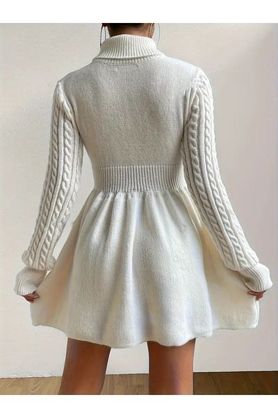 MODAVERA Women's Long Sleeve Turtleneck Waistline Short Knitwear Dress with Gathered Waistline