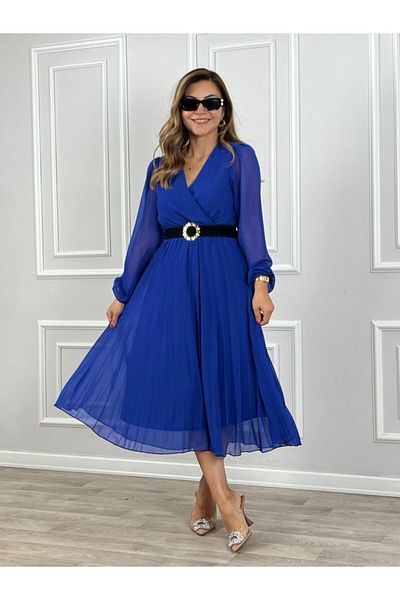 MODAVERA Women's chiffon fabric lined flared cut double breasted collar midi length dress