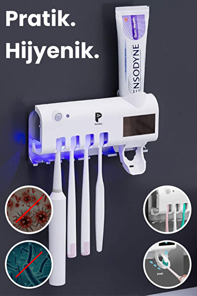 gunkes Otomatik Diş Macunu Sıkacağı Ve Sterilizatö 4 Adet Diş Fırçası Tutuculu