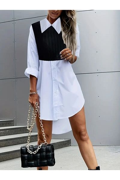 İpeksi Silky Women's Long Sleeve Shirt Collar Double Color Tricot Dress
