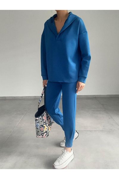 TUA MODA Tua Moda Women's Long Sleeve V-Neck Hood Detail Sweat and High Waist Tracksuit Double Set