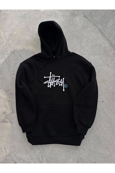 Moda Asmira Three Thread Hooded Printed Sweatshirt - Black