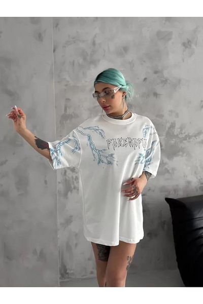 JANES Λευκό μπλουζάκι Unisex Oversize με στάμπα με λαιμόκοψη
