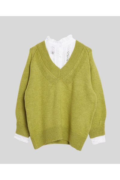 Robin T94114 Women's V-Neck Shirt Detailed Knitwear Sweater