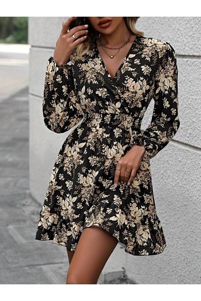 İpeksi Silky Women's Long Sleeve Double Breasted Collar Waist Gipied Floral Pattern Short Diver Dress